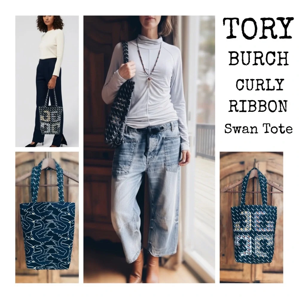 Tory Burch Curly Ribbon & Swan Reversible Cotton Canvas Tote | NIP